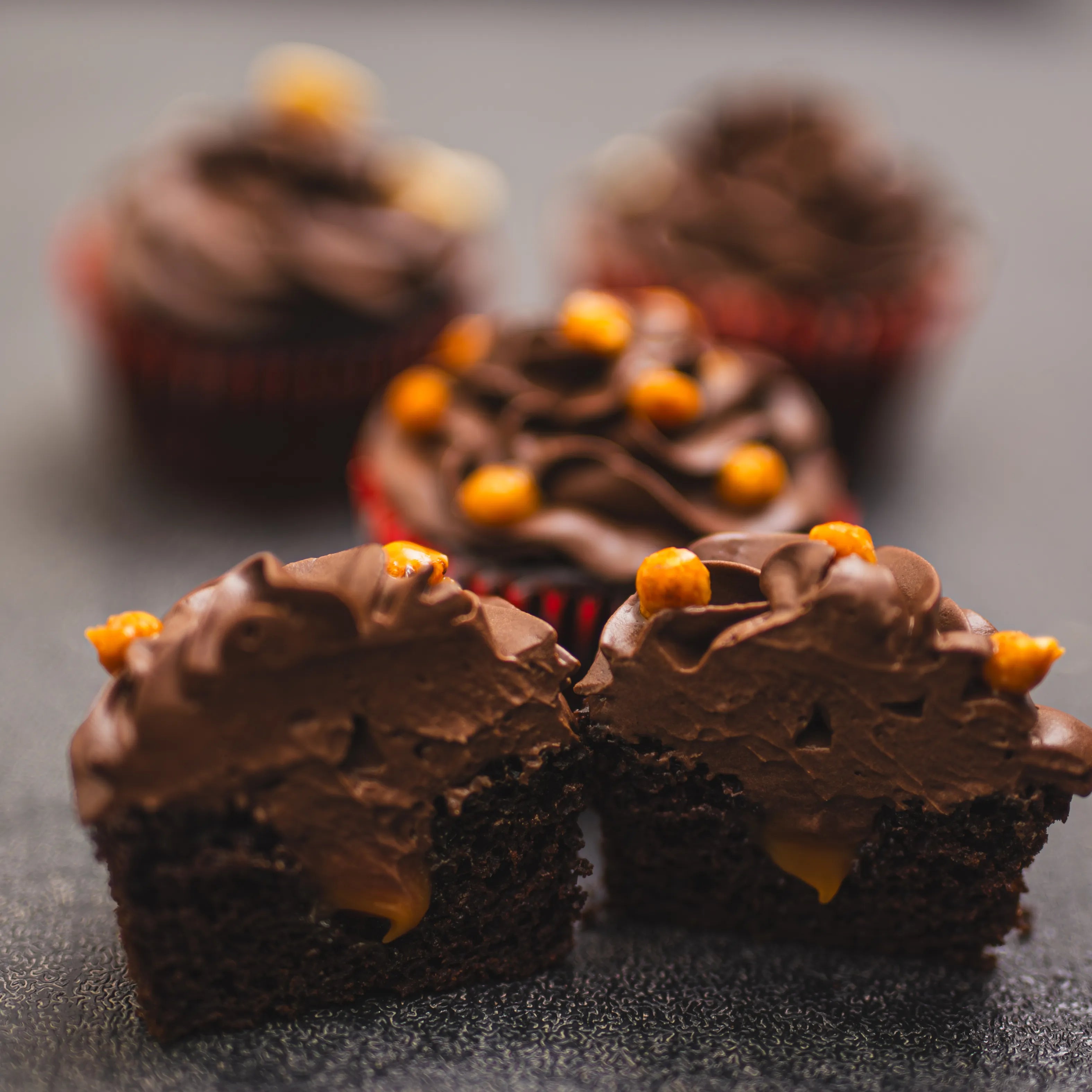 Moist chocolate cupcakes topped with salted caramel