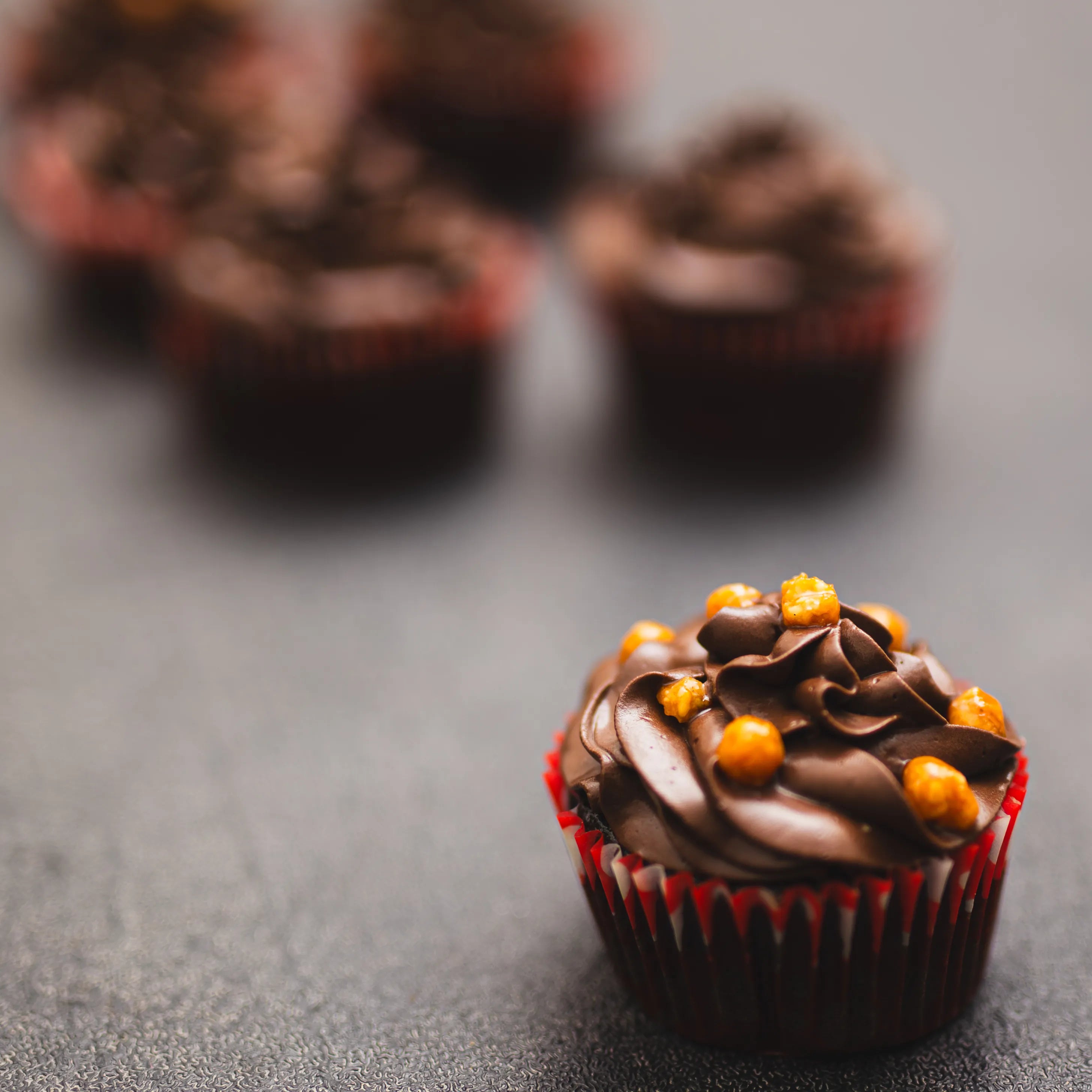 Moist chocolate cupcakes topped with salted caramel